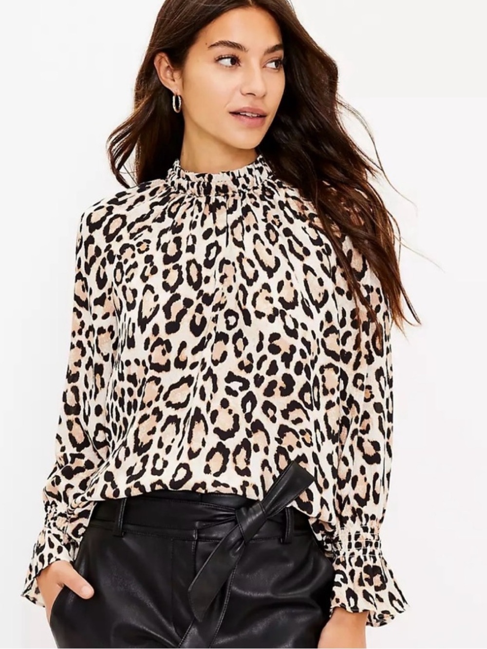 LOFT Leopard Print Blouse Smocked Ruffle Neck Bell Cuff Long Sleeve XL Office